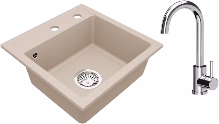 VBChome Lavello in granito 44 x 44 cm Beige con rubinetto Lavello da incasso a vasca singola Speckled Lavello di facile manutenzione con sifone Ideale per piccole cucine