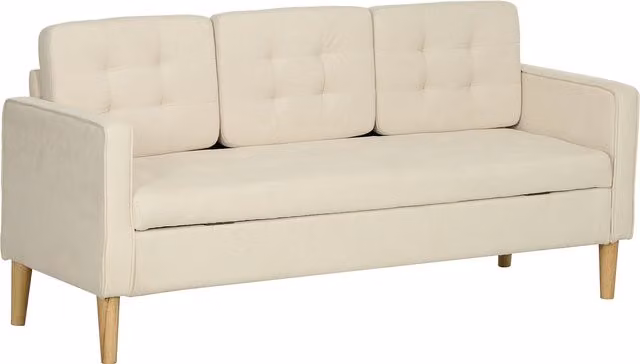 Divano moderno HOMCOM a 3 posti in flanella con scomparto nascosto e schienale capitonné, colore beige, L: 166,5 cm, P: 62 cm, H: 82 cm