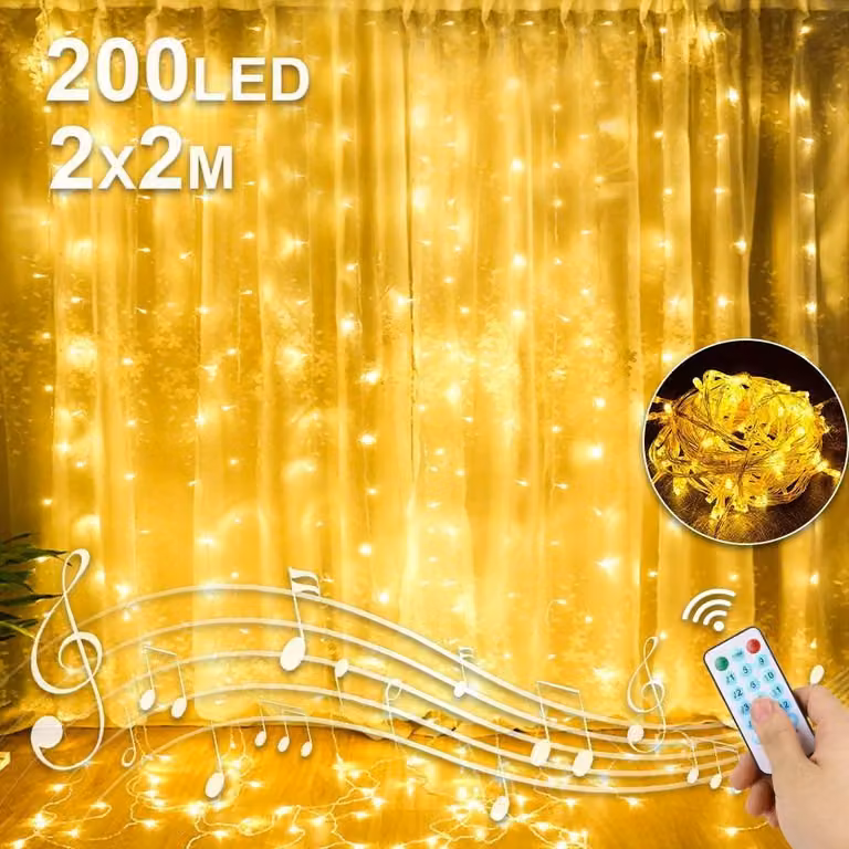 Tenda luminosa a LED, dimensioni 2x2 metri, 200 LED bianco caldo, alimentazione USB, grado di protezione IP65, telecomando incluso