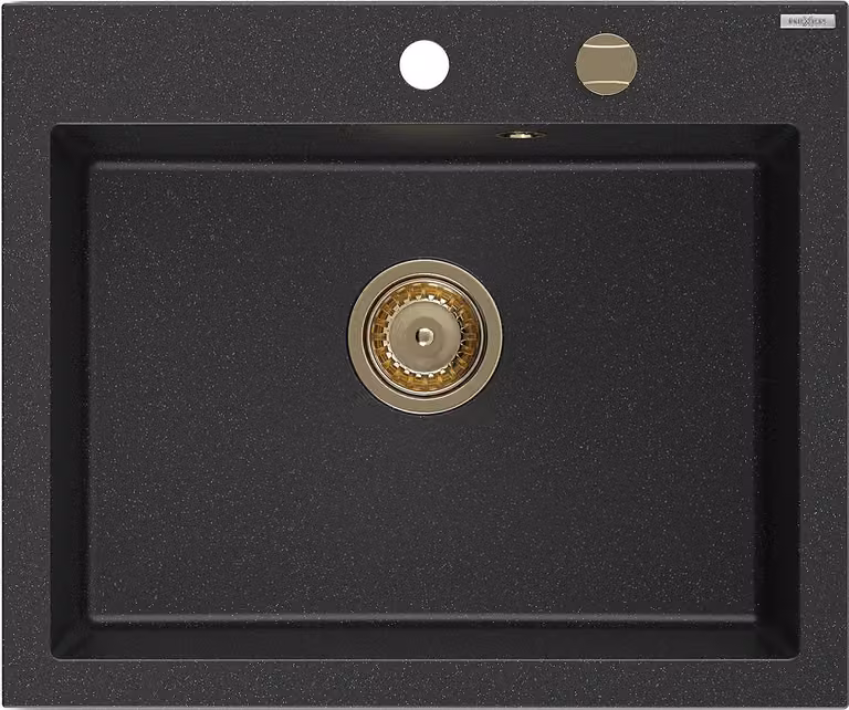 Mexen Elix lavello da cucina in granito 1-vasca 600 x 500 mm, nero/argento metallizzato, sifone dorato - 6525601005-73-G