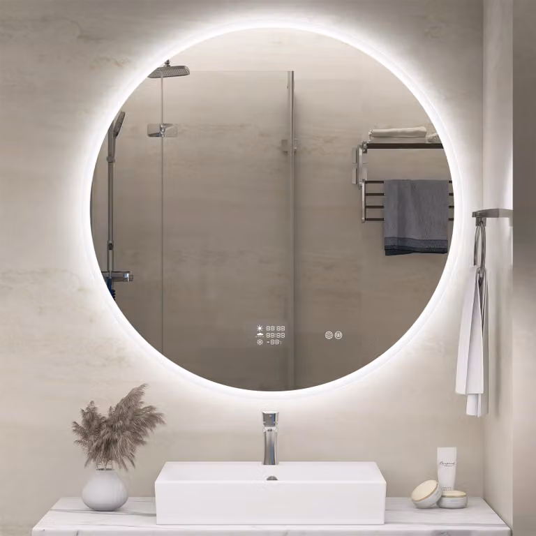 Specchio da bagno LED rotondo, diametro 100 cm, con funzione di dimmerazione, 3 colori, Bluetooth, orologio integrato, grado di protezione IP44
