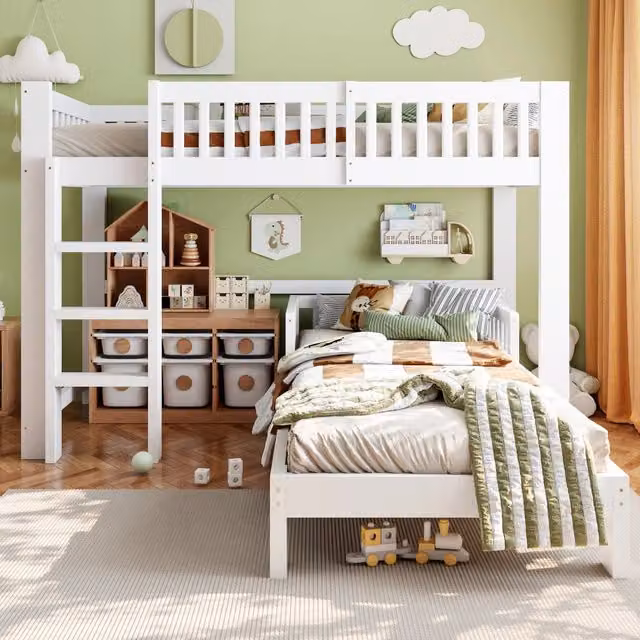 Set letto per bambini in legno massello 90 x 200 cm, letto a castello + letto singolo combinabili, protezione anticaduta, cameretta - Bianco