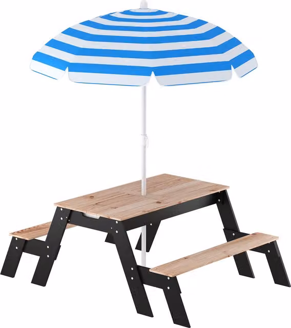 Aosom Tavolo da picnic 3 in 1 per bambini con ombrellone e contenitori in legno di abete naturale