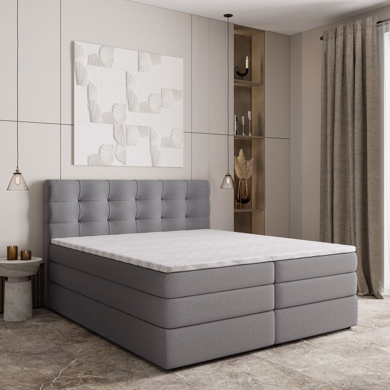 Letto a molle Masseno AREZI 160x200 cm completo di materasso e topper Bonell, letto imbottito con cassettiera - grigio, SORO 90