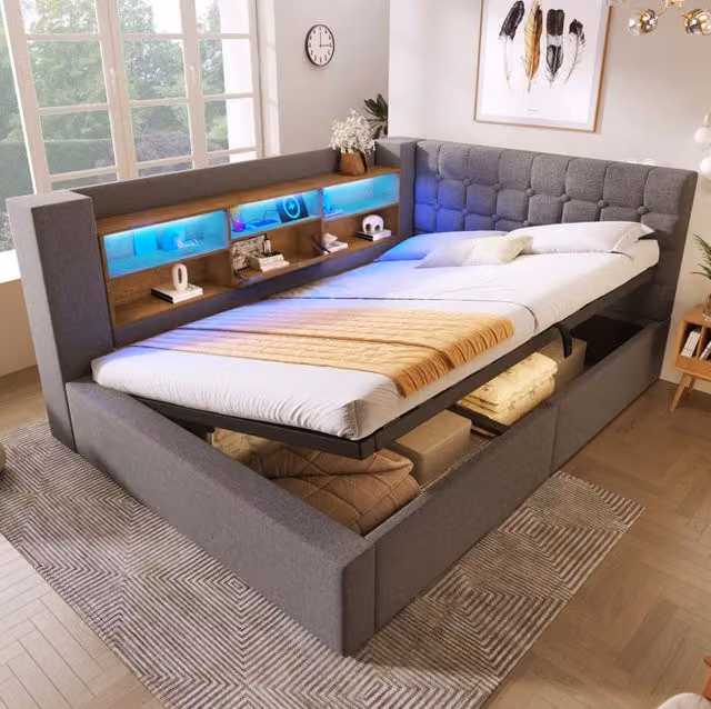 Letto contenitore imbottito ULEVR 140x200 cm con materasso H3, LED, USB e testiera a L reversibile, grigio