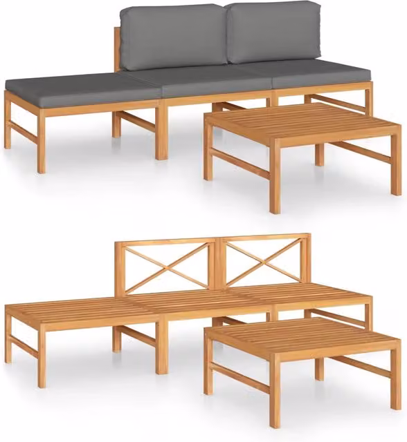 Set Divani da Giardino 4pz | Set Salotto da Giardino Cuscini Grigi Legno Massello di Teak