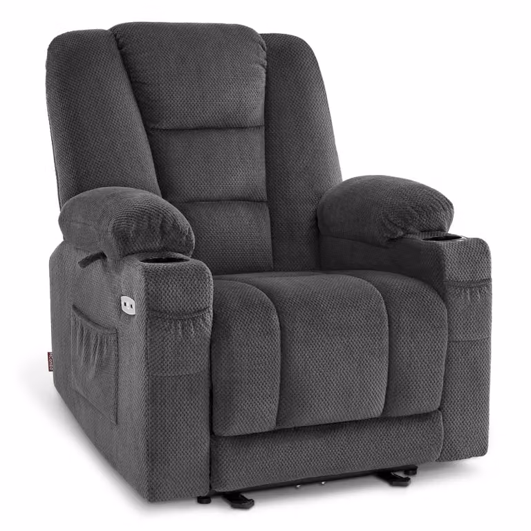 M MCombo poltrona TV regolabile elettricamente, poltrona con funzione reclinabile, poltrona TV con funzione massaggio e calore, USB e portabicchieri, soggiorno, tessuto, 7008 (grigio scuro)
