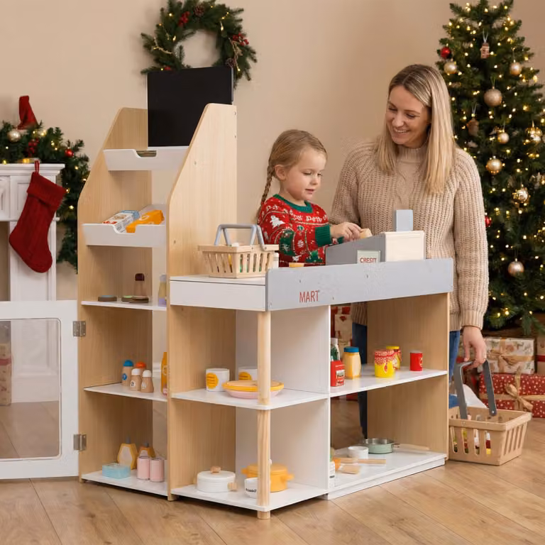 Costway Supermercato giocattolo in legno multicolore con carrello della spesa e lettore di carte per bambini dai 3 anni in su