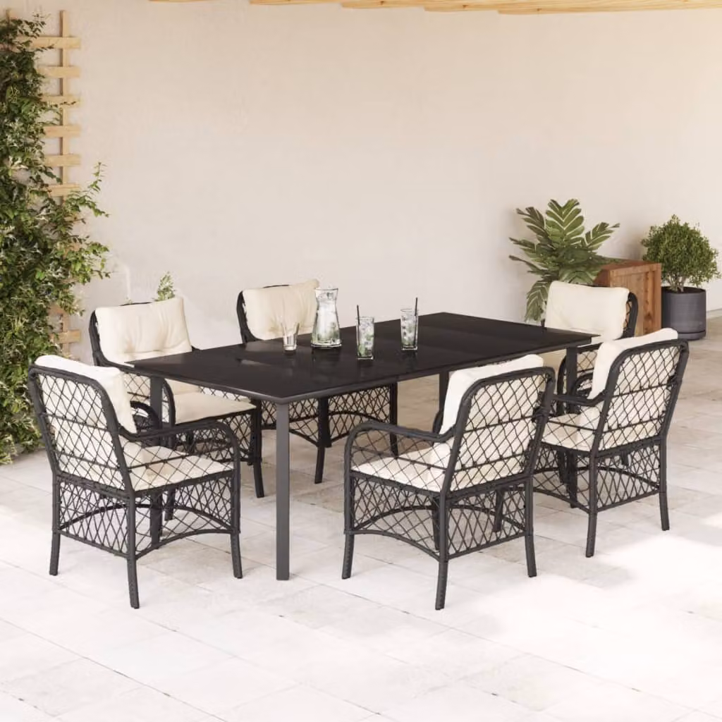 Set da Pranzo da Giardino vidaXL 7 pz in Polyrattan Nero con Piano in Vetro – 1