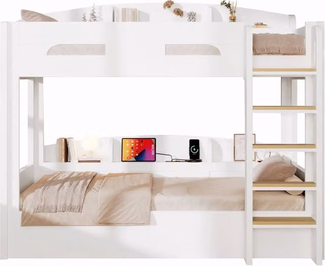 Letto a castello salvaspazio con due posti letto, mensole e presa USB