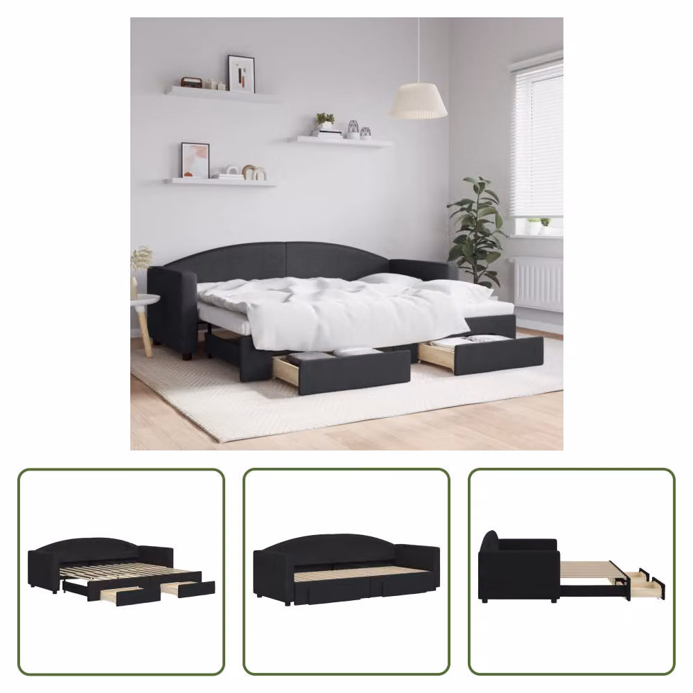 The Living Store Lettino allungabile con cassetti nero 80x200 cm in tessuto