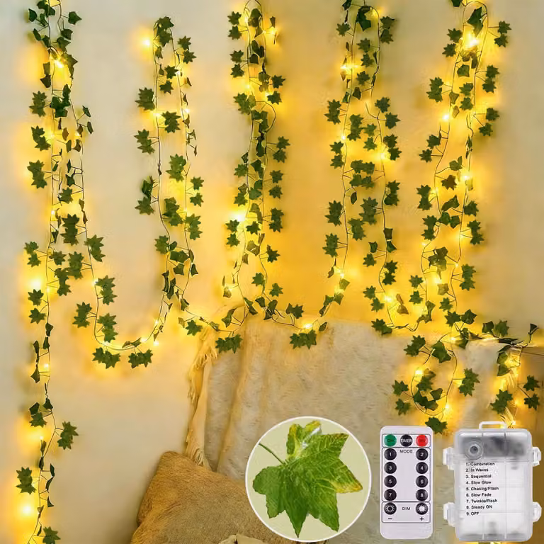 Catena luminosa a forma di edera, 10 metri, 100 LED, luce bianca calda, alimentazione a batteria