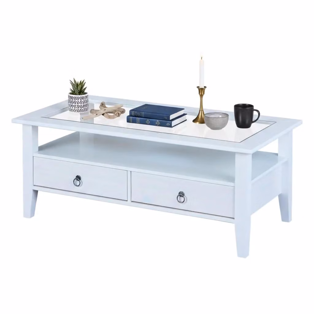 Tavolino da salotto Minturno DMORA bianco con piano in vetro e struttura in legno, L: 115 cm, P: 60 cm, H: 45 cm – 2