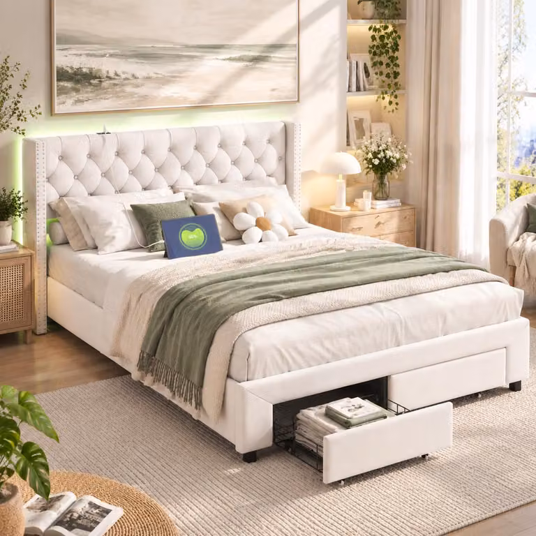 Letto imbottito INONEFT, 180x200 cm, con 2 cassetti, letto per ragazzi con illuminazione LED, testiera con 2 tasche laterali e funzione di ricarica USB, in velluto, color beige
