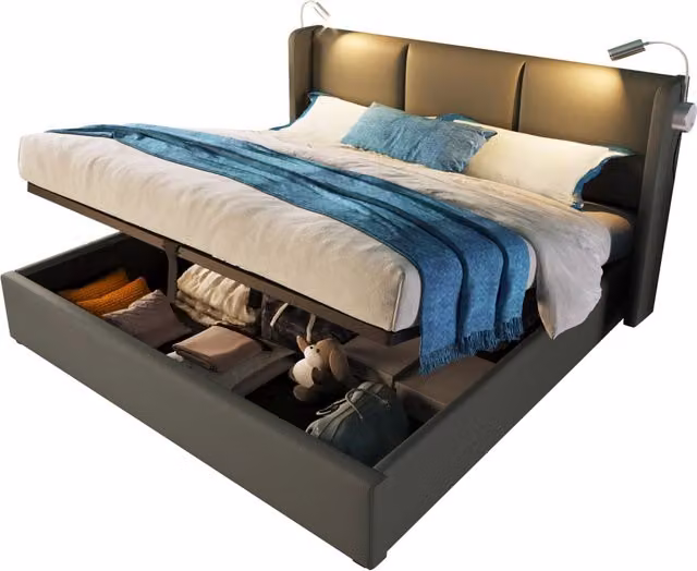 Letto matrimoniale 140x200 contenitore con rete sollevabile; testiera imbottita grigia con luce da lettura e USB
