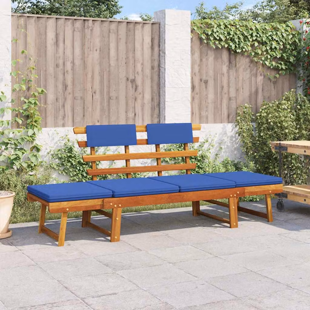 vidaXL Panca da Giardino 2-in-1 in Legno di Acacia Oliato con Cuscini Blu, L: 190 cm – 1