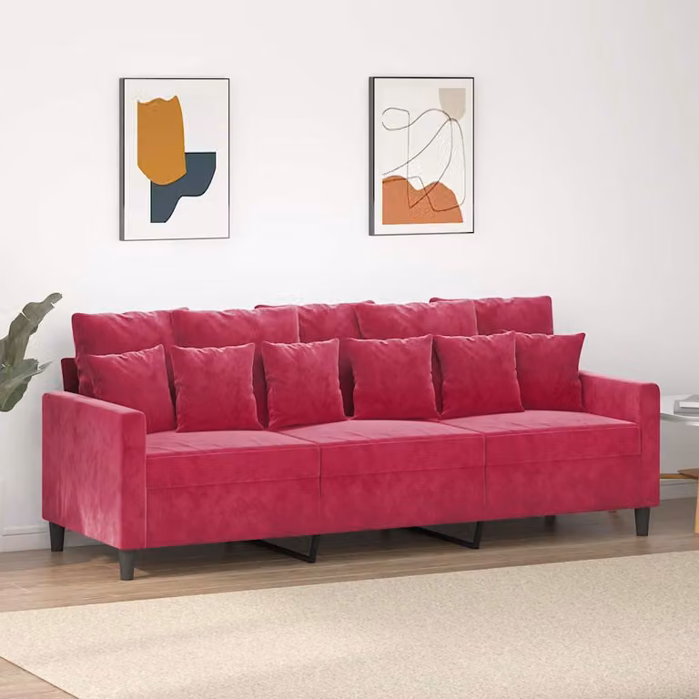 Divano a 3 posti moderno vidaXL in velluto rosso con struttura in metallo per il tuo soggiorno L: 198 cm, P: 80 cm, H: 77 cm