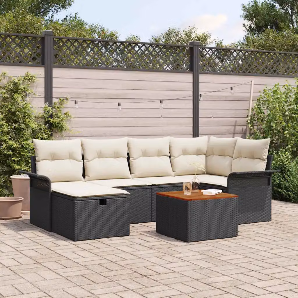 Set Divano da Giardino a L vidaXL in Polyrattan Nero con Cuscini e Tavolino da 7 Pezzi – 1