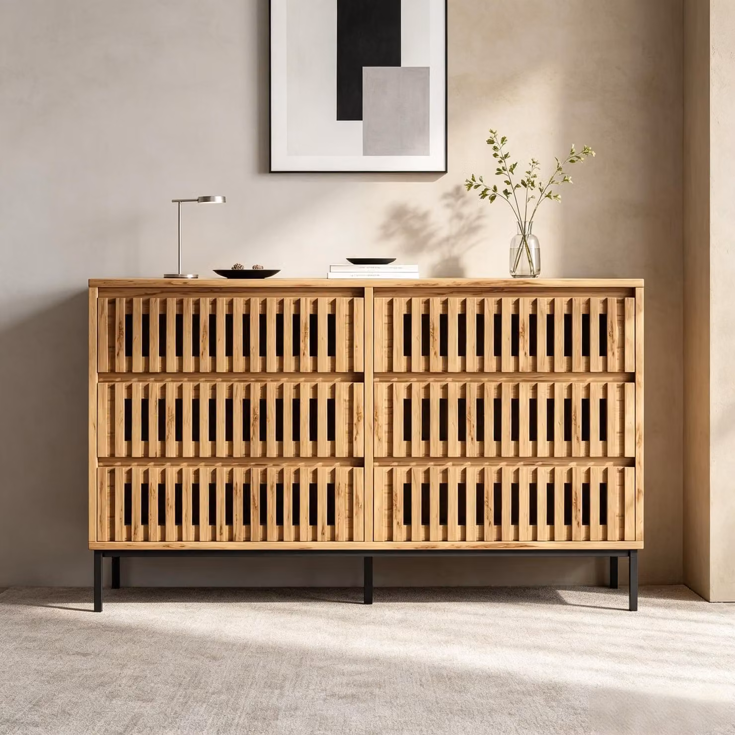 Mobile contenitore con 6 cassetti, dimensioni 120x40x81 cm, realizzato in MDF e pannelli di legno, con design a griglia e finitura in legno, ideale per soggiorno, camera da letto e ingresso