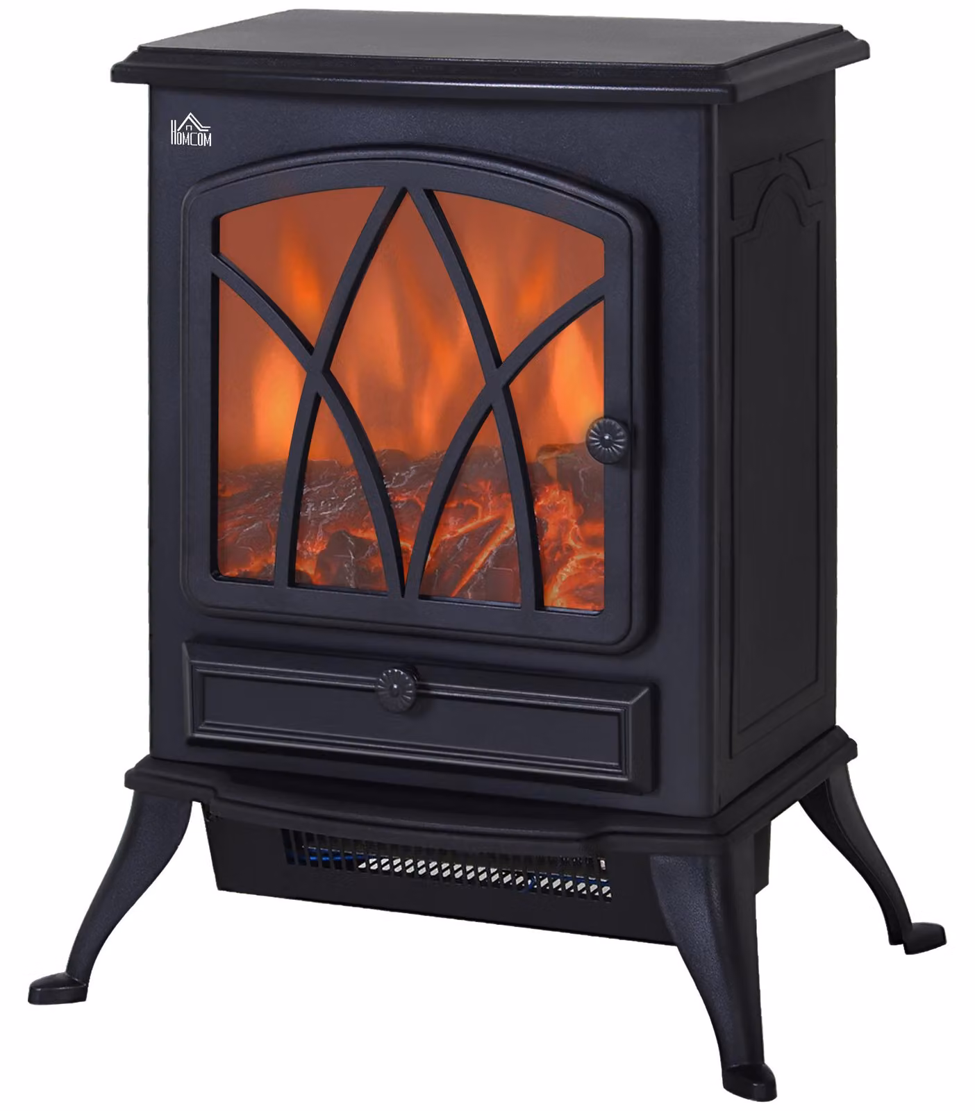 Moonbite, caminetto elettrico da pavimento, dimensioni 45 x 28,5 x 54 cm, riscaldatore da 1000/2000 W con effetto fiamma regolabile, design camino a legna, metallo, colore nero