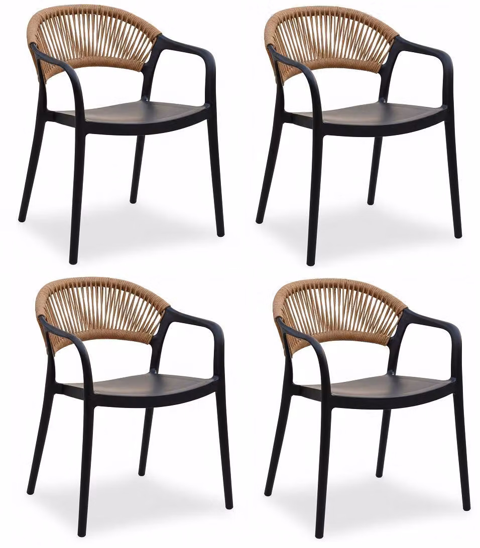 4 sedie in plastica, con schienale semiaperto intrecciato, colore nero e bianco