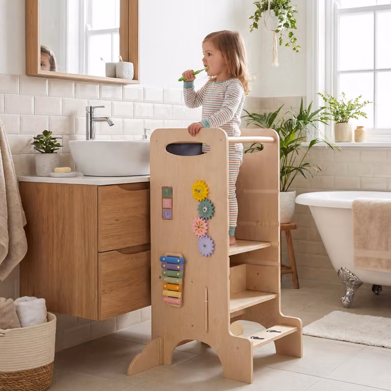 Costway Torre legno bambini sgabello cucina 3 altezze regolabili lavagna rimovibile, Torre giochi montessori impronte corrimano sicurezza piedini antiribaltam