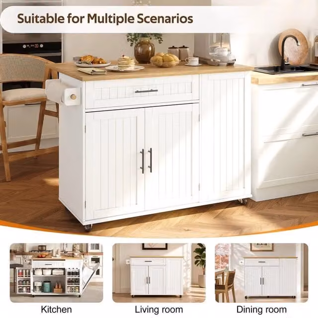 Mobile Portaoggetti Cucina Minimal Bianco con Ruote Bloccabili L: 130 cm, P: 45 cm, H: 93 cm