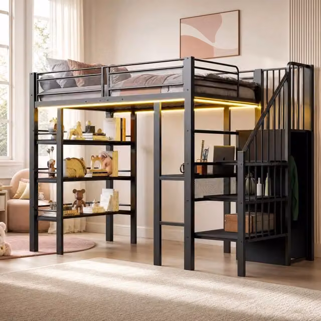 Letto a soppalco 90x200 cm con scrivania; scaffali LED e presa; nero