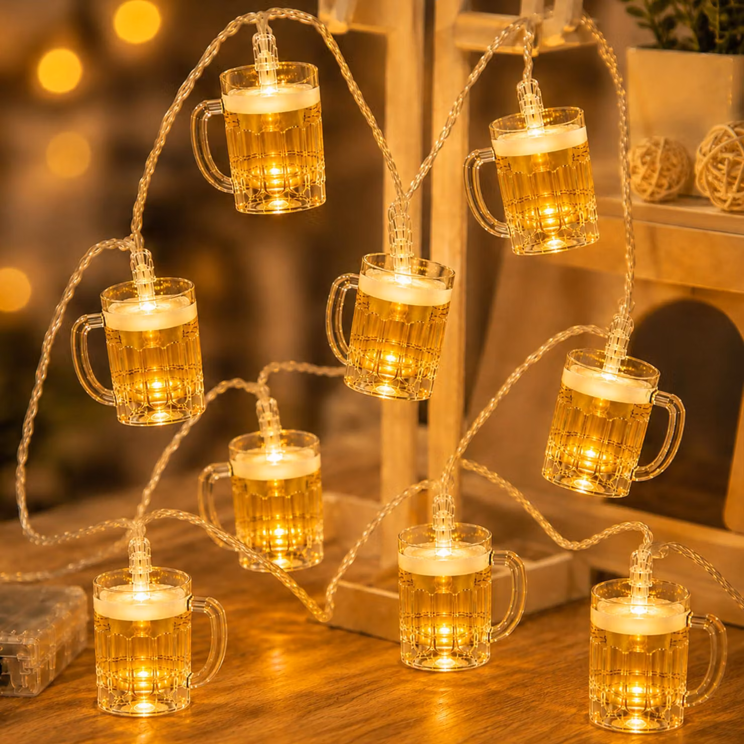 Catena luminosa a LED per birra, 10 LED, 1,5 metri, alimentata a batteria, luce bianco caldo