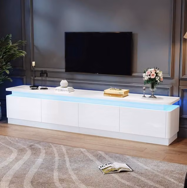 Mobile TV ULEVR 180x34x40 cm con 4 cassetti, LED Bluetooth e finitura bianca lucida