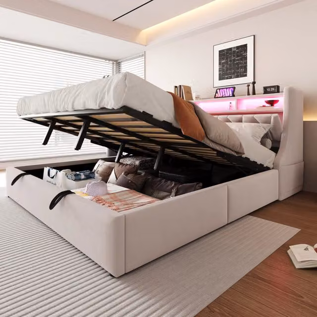 Letto imbottito 180x200 cm con contenitore idraulico; testiera ribaltabile; LED; USB e Type-C; beige