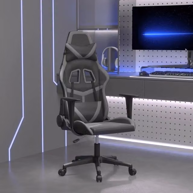 Sedia da Gaming vidaXL con Massaggio, Colore Nero e Grigio, in Similpelle, con Poggiatesta e Ruote, Altezza: 127,5 cm, Larghezza: 66,5 cm, Profondità: 61 cm
