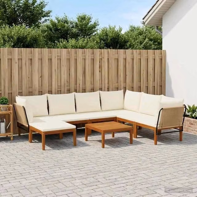 Set da giardino a L vidaXL in legno di acacia con cuscini beige e bianco, composto da divano a 3 posti, tavolino da caffè e pouf