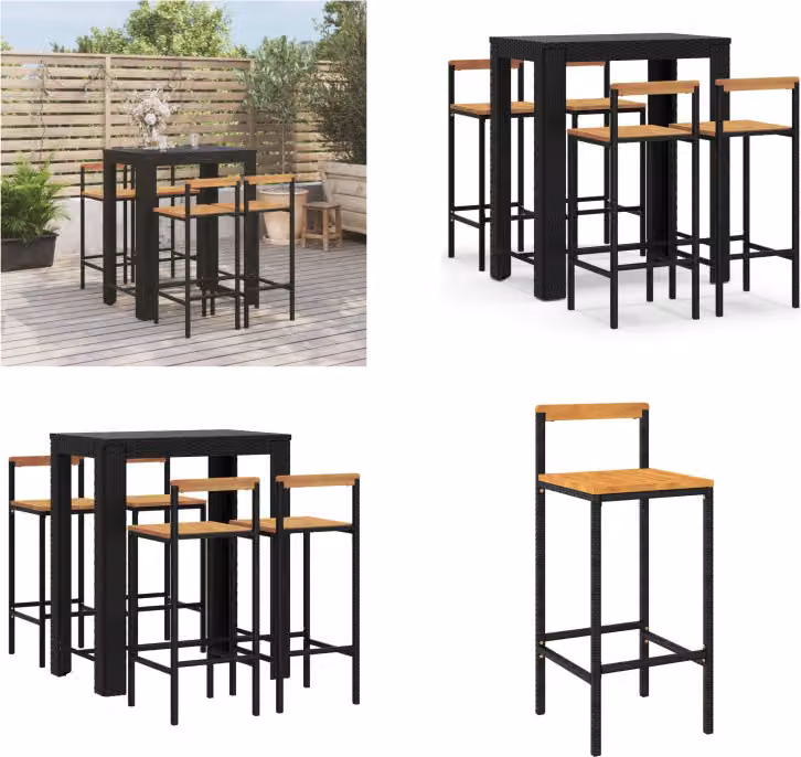 vidaXL Set bar da giardino 5 pezzi in poly rattan nero e legno massiccio di acacia - Set bar da giardino - Set bar da giardino - Set bar da giardino - Bar da giardino