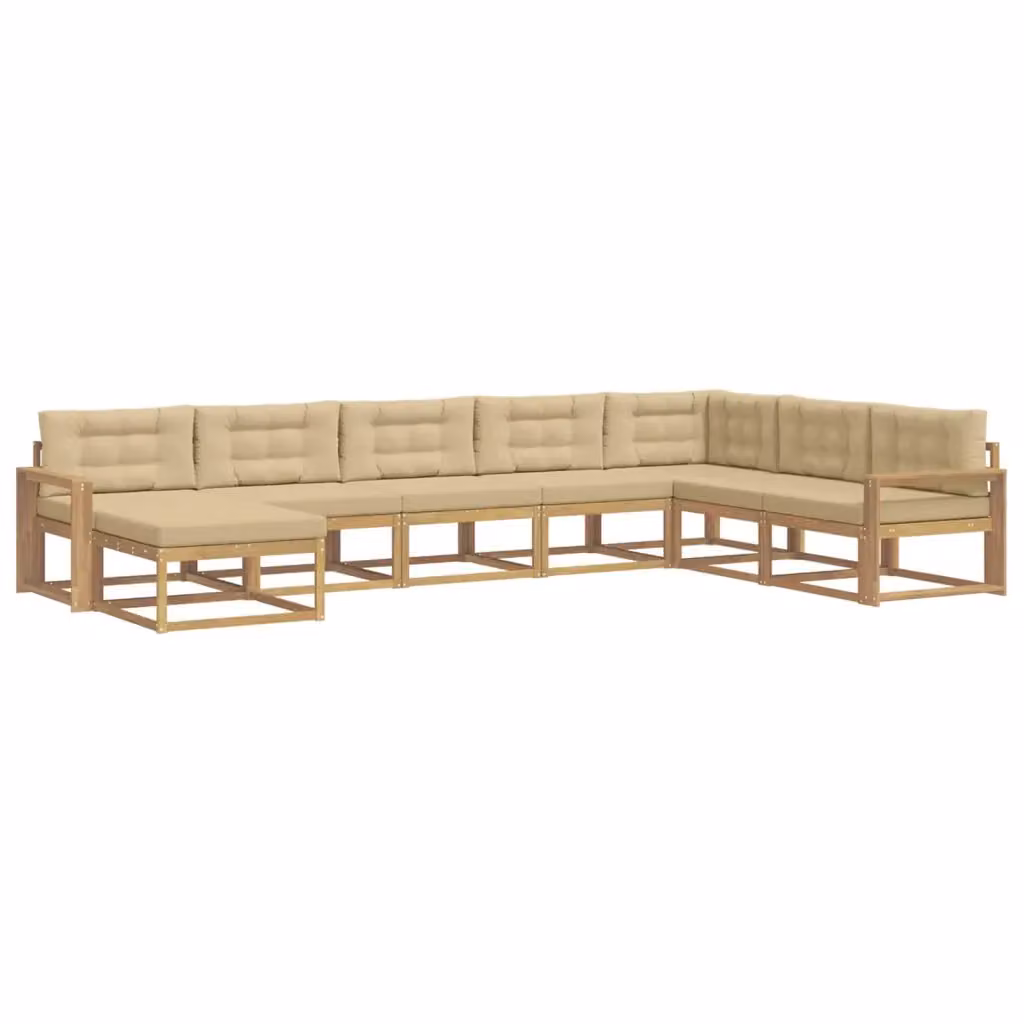 Set di divani da esterno a L vidaXL in legno di acacia con pouf e cuscini, Bianco, Beige e Marrone – 2