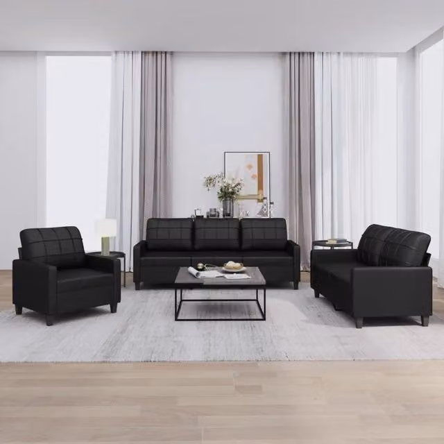 vidaXL Set di Divani 3 Pezzi Moderni in Similpelle Nera con Cuscini per Soggiorno