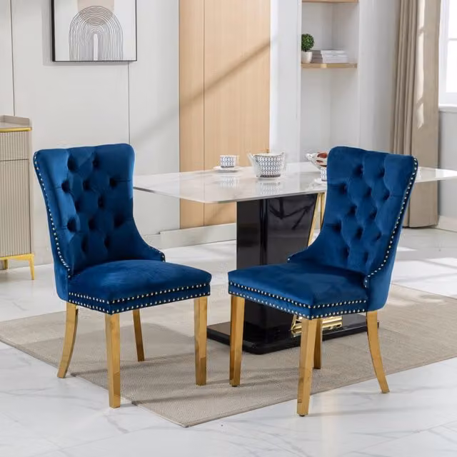 Set di 2 sedie da pranzo MINIMAL imbottite in velluto blu con gambe in legno massello e finitura oro