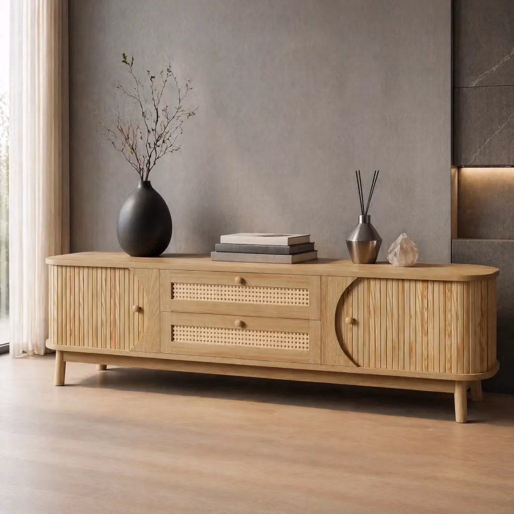 Mobile TV Mivray in legno e rattan con ante scorrevoli e cassetti, colore beige e giallo, stile rustico, L: 170 cm, P: 39.5 cm, H: 46 cm – 2
