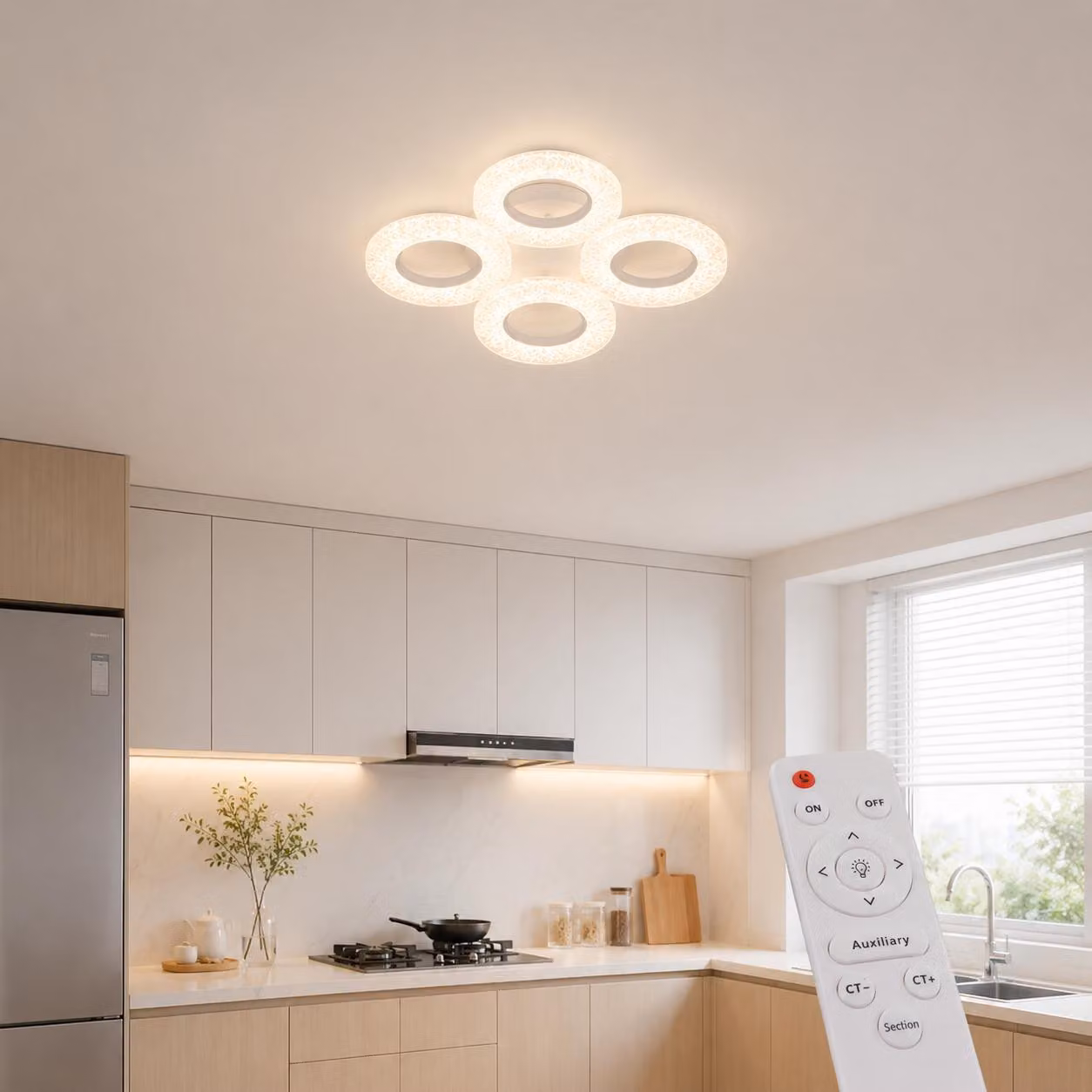 Ventilatore a soffitto con illuminazione LED, colore della luce regolabile, bianco, con telecomando, modello CXY-300