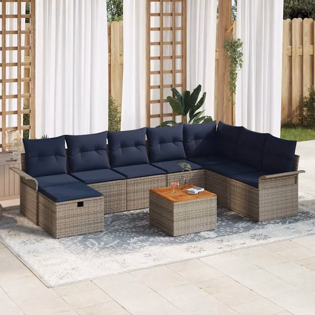 Set Divano da Giardino vidaXL 9 pz a forma di U in Polyrattan Grigio con Tavolino e Ottoman