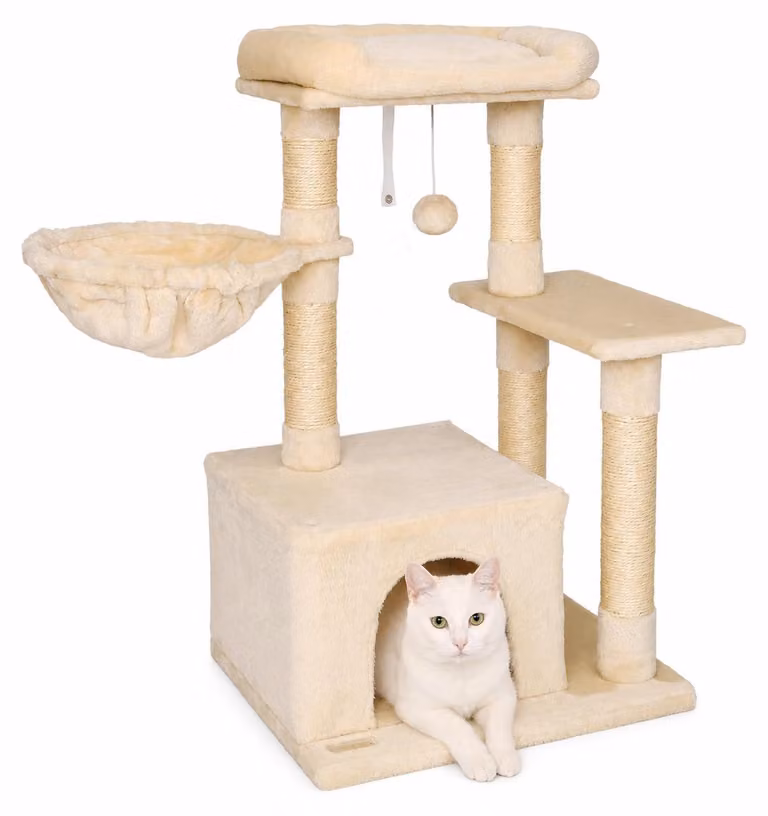 tiragraffi compatto lionto 85 cm, albero per gatti salvaspazio con palla da gioco, tronco in sisal e superficie tiragraffi, beige