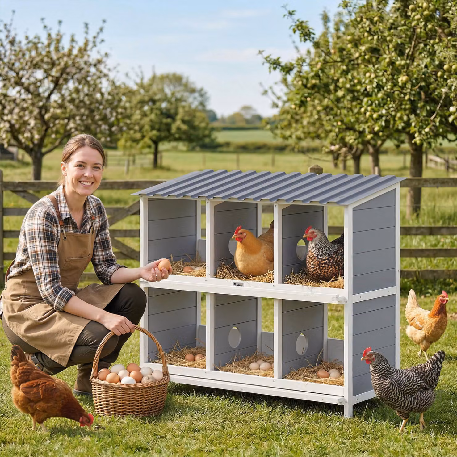 Nido per galline rialzato PawHut in legno grigio con 6 scomparti e 4 posatoi, L: 102 cm, P: 50 cm, H: 91 cm – 2