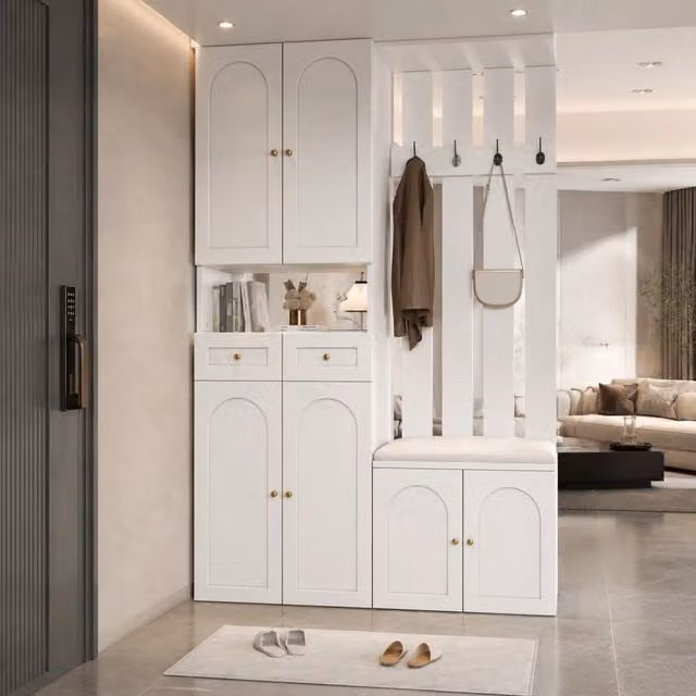 Mobile ingresso con panca; scarpiera e 4 ganci; 6 ante; 2 cassetti; 110x37x180 cm; bianco
