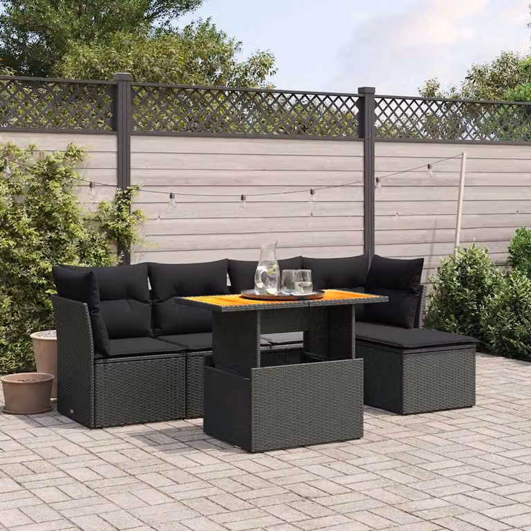 vidaXL Set Divano da Giardino 6 pz a L in Polyrattan Nero con Cuscini e Tavolino