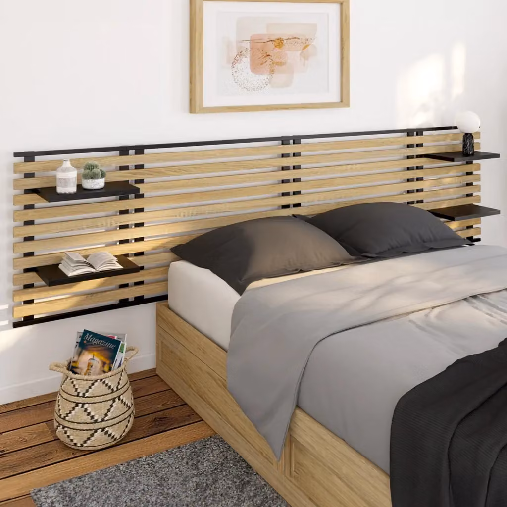 IDMarket Detroit Testiera con doghe e ripiani integrati in stile industriale, Nero e Marrone, L: 240 cm – 2