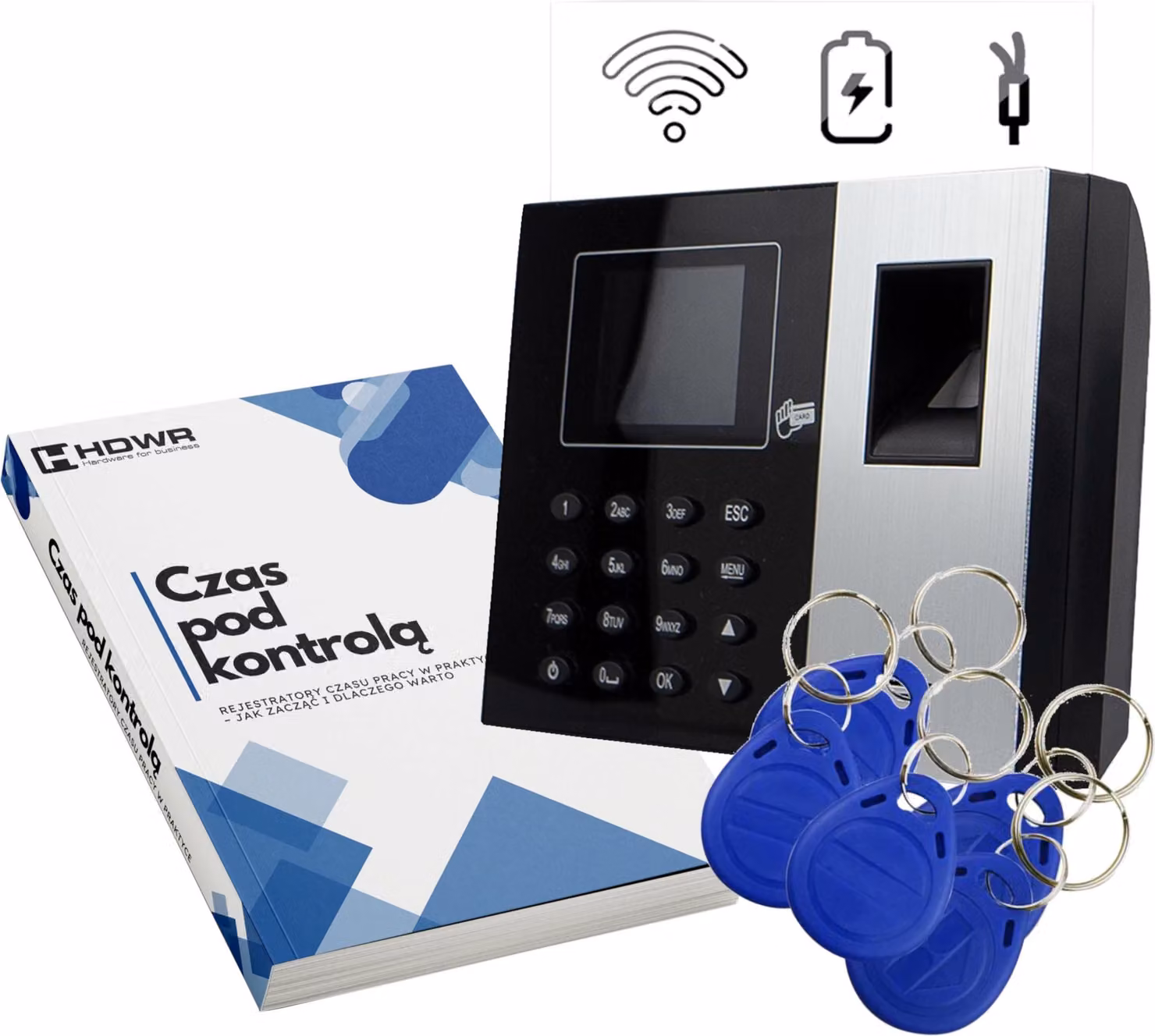 Registrazione dei tempi di lavoro USB, WiFi, WEB, P2P, IC Wiegand, LAN, 125 kHz e 13,56 mHz + 10 schede RFID 13,56 mHz + EBOOK "Tempo di lavoro sotto controllo"