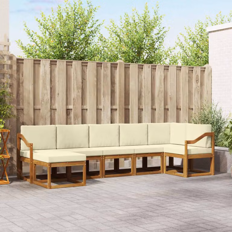 vidaXL Set di divani da esterno a L composto da 7 pezzi in legno di acacia con cuscini, beige e marrone