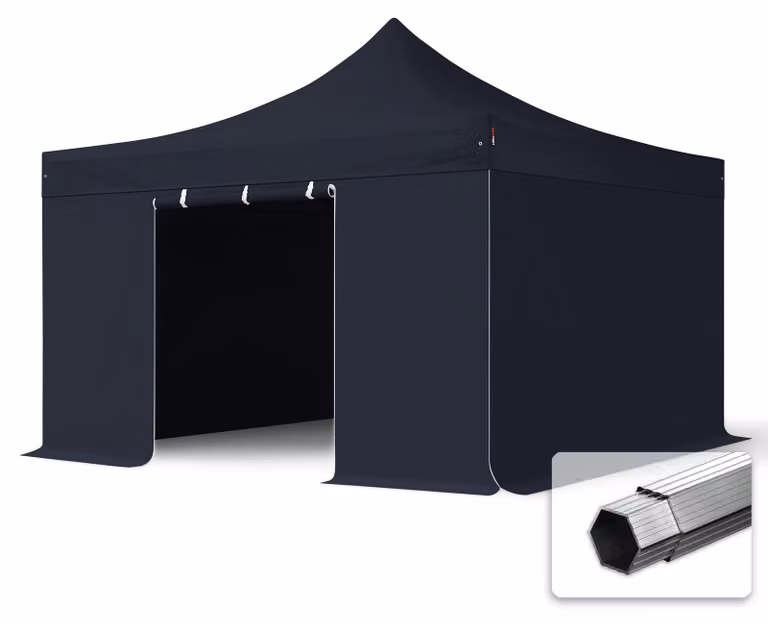 TOOLPORT 4x4m gazebo pieghevole PVC con laterali, PROFESSIONAL alluminio, nero