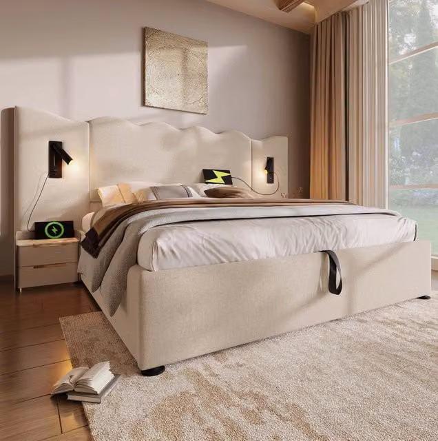 Letto contenitore imbottito beige 160 x 200 cm con luce da lettura e ricarica USB