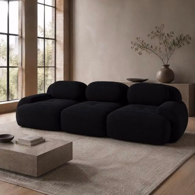Divano angolare modulare senza struttura in velluto a coste nero; 298×103×70 cm